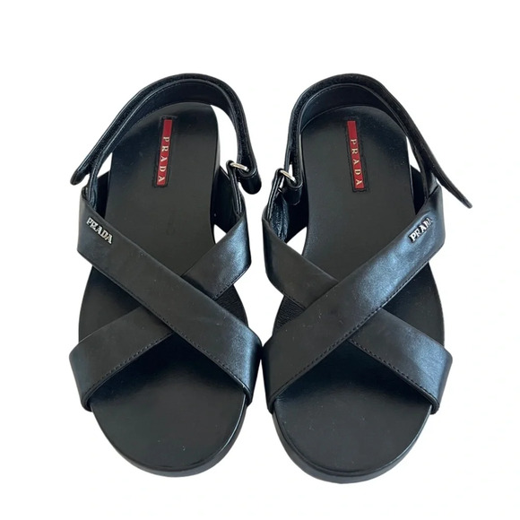 100% Authentic Prada Genuine Leather Slingback Sandals Black Adjustable 37 7 - Picture 3 of 7